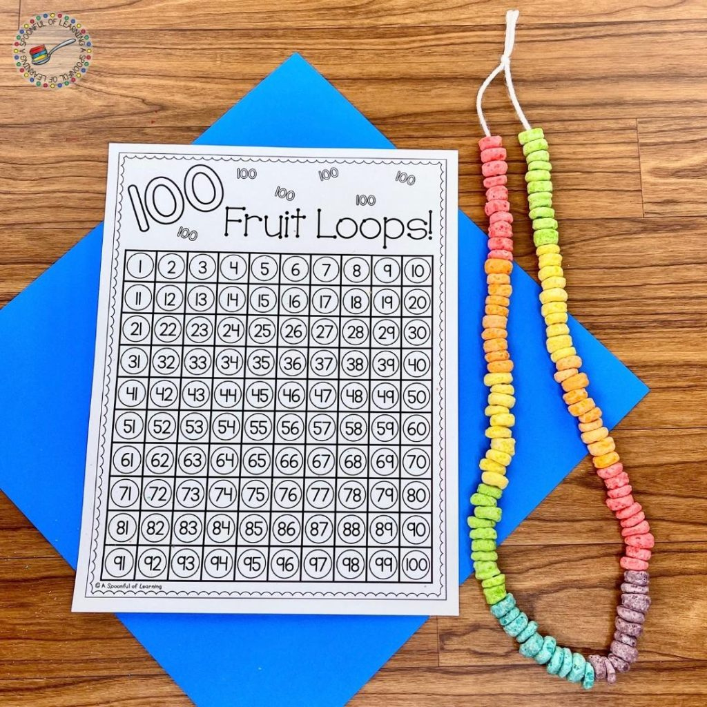 100Th Day Of School Crafts For Kindergarten - A Spoonful Of Learning pertaining to 100th Day Fruit Loop Necklace Free Printable