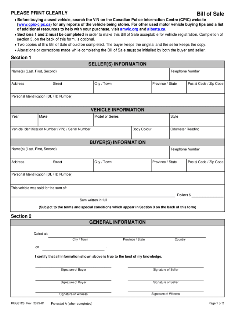 2025 Ca Alberta Form Reg3126 Fill Online, Printable, Fillable inside Alberta Bill of Sale Printable