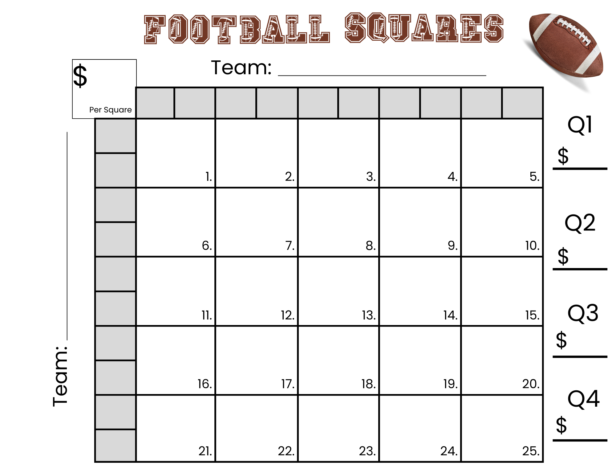 25 Football Squares Game Printable 5×5 Football Squares (Instant for 25 Square Football Pool Printable