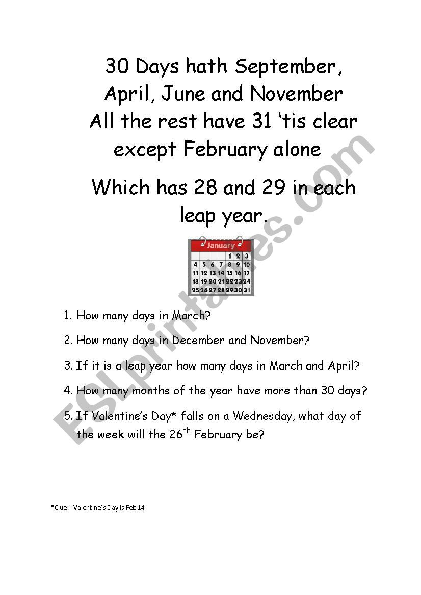 30 Days Hath September - Esl Worksheetwaily with 30 Days Has September Printable Poem