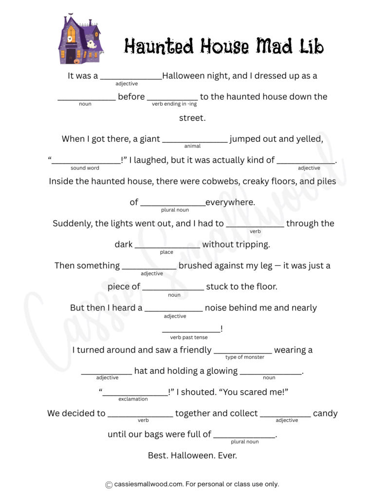 5 Fun Halloween Mad Libs (Free Printable) - Cassie Smallwood with Printable Mad Libs For Kids