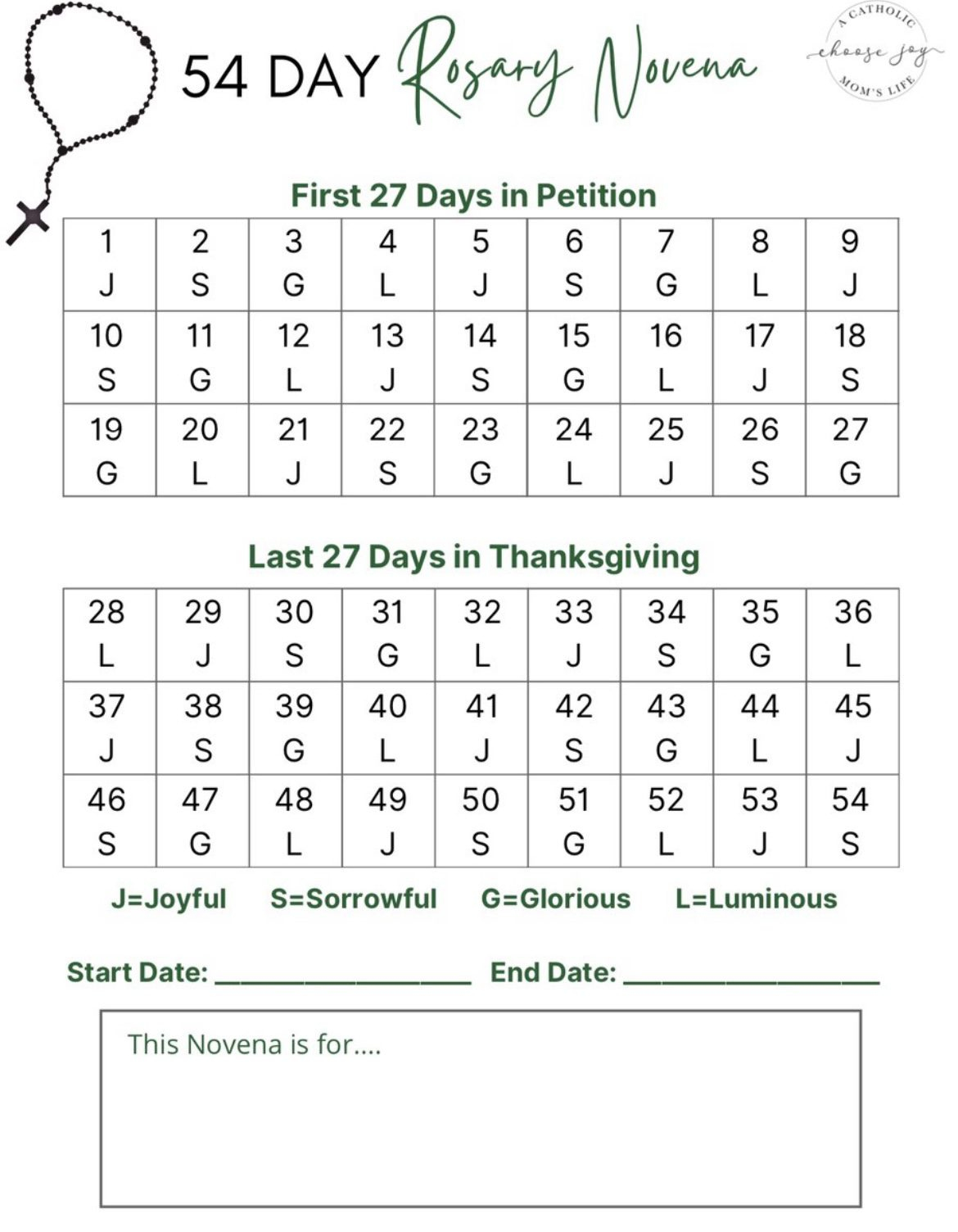 54 Day Rosary Novena - A Catholic Moms Life with regard to 54 Day Rosary Novena Printable