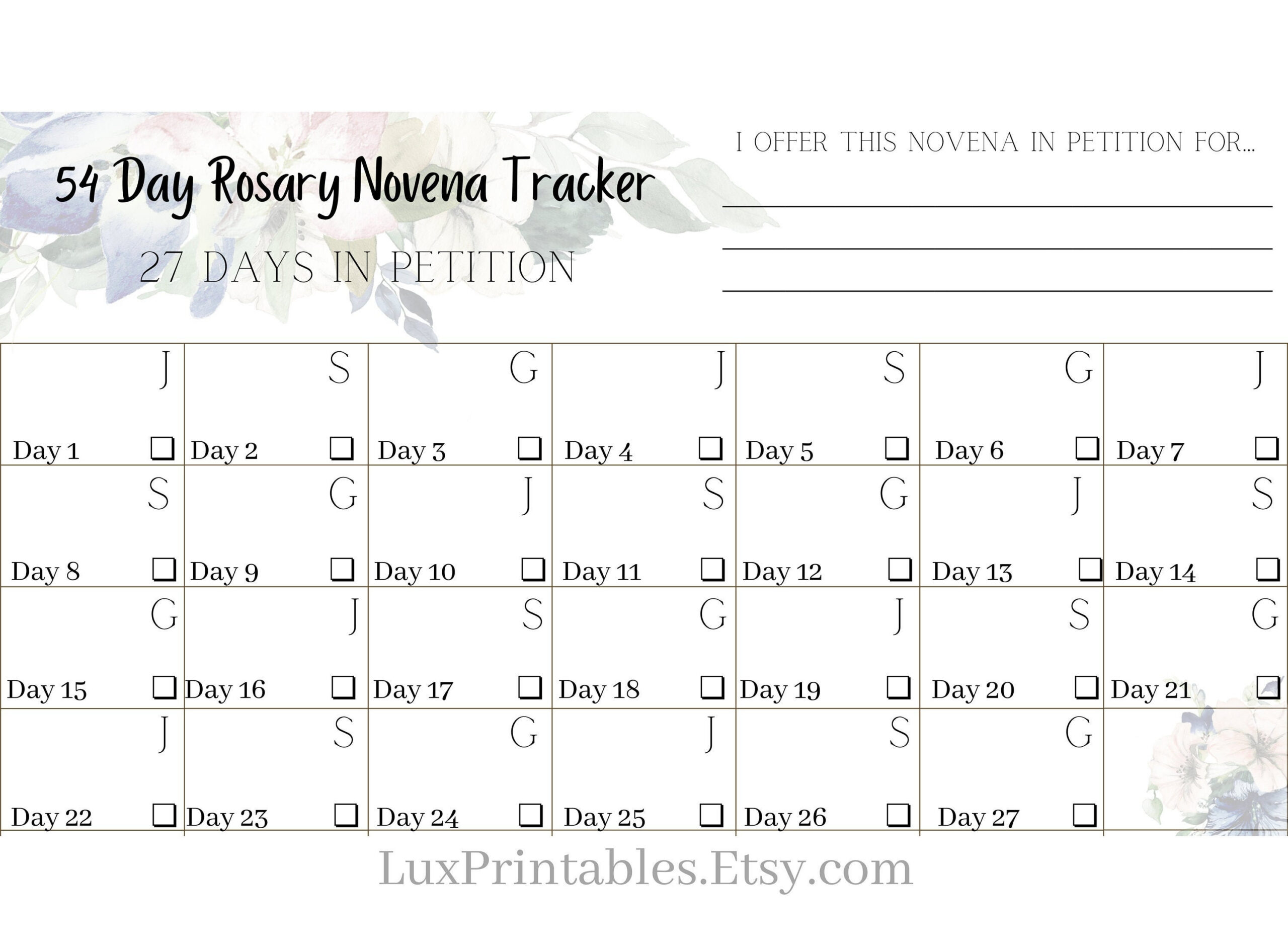 54 Day Rosary Novena Tracker | Catholic Prayers | Instant Digital with 54 Day Rosary Novena Printable