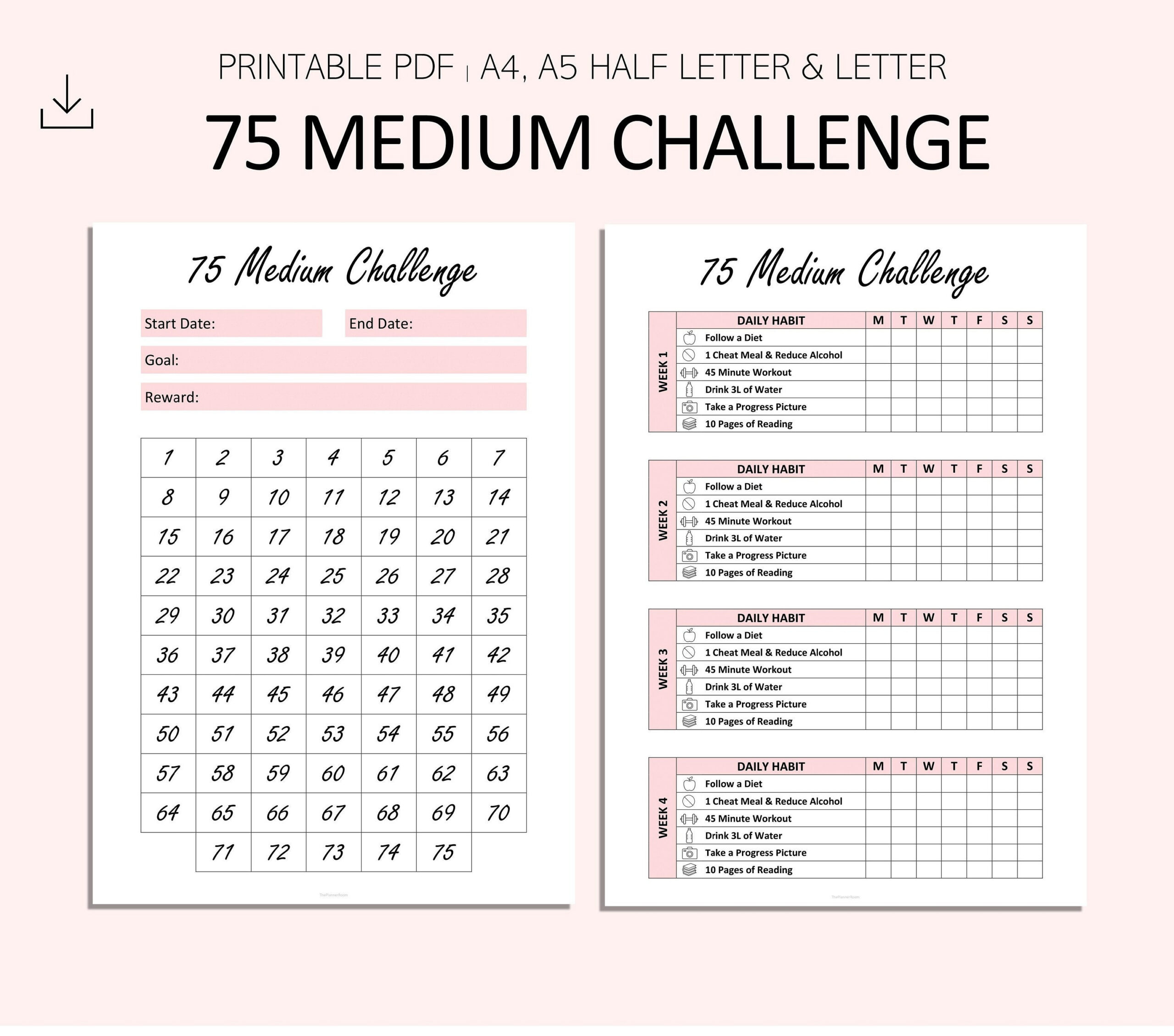 75 Medium Challenge Tracker - 75 Challenge Printable - Pdf - A4 within 75 Medium Challenge Free Printable
