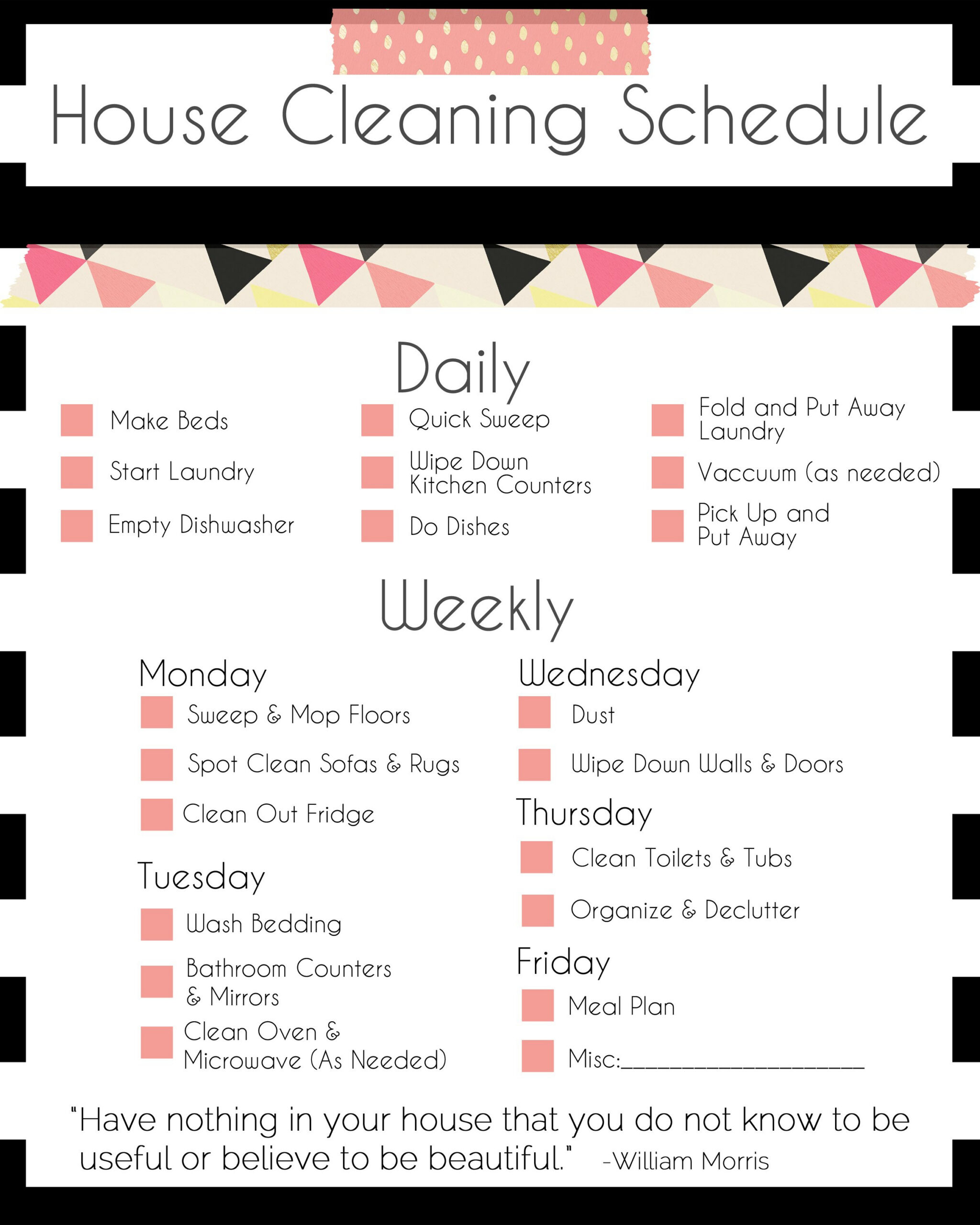A Basic Cleaning Schedule Checklist Printable in Printable House Cleaning Checklist