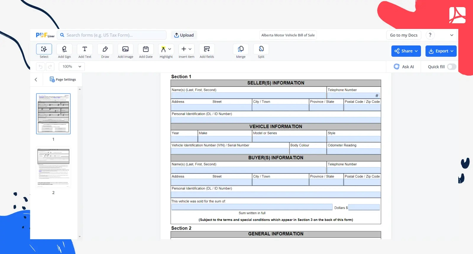 Alberta Motor Vehicle Bill Of Sale - Pdfliner Blank with regard to Alberta Bill of Sale Printable