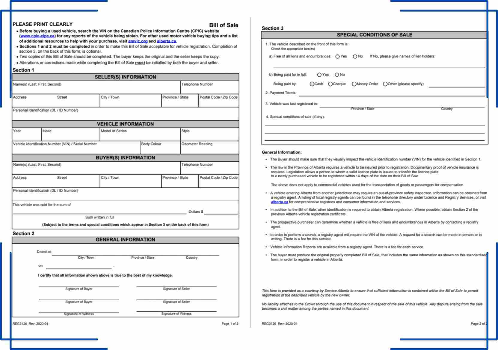 Alberta Vehicle Bill Of Sale Canada [Free Printable, Pdf] - Print throughout Alberta Bill of Sale Printable
