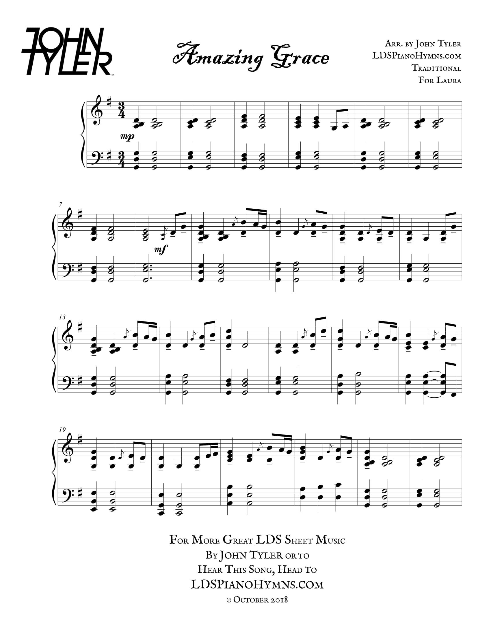 Amazing Grace - Free Lds Piano Solosjohn Tyler for Free Printable Amazing Grace Hymn Sheet Music