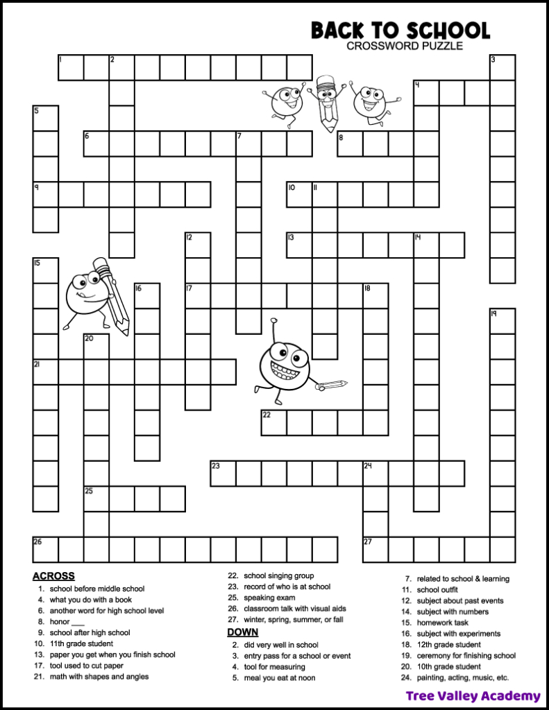 Back To School Crossword Middle School - Tree Valley Academy in Printable Crossword Puzzles For Middle Schoolers