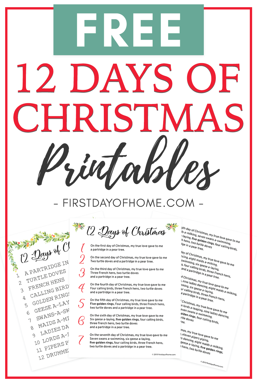 Beautiful 12 Days Of Christmas Lyrics Printable [Free Download] with 12 Days of Christmas Lyrics Printable with Pictures