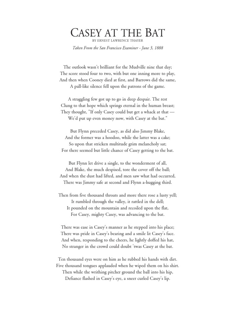 Casey At The Bat Zv9N6T2I | Pdf | British Poetry | American with Casey At the Bat Poem Printable