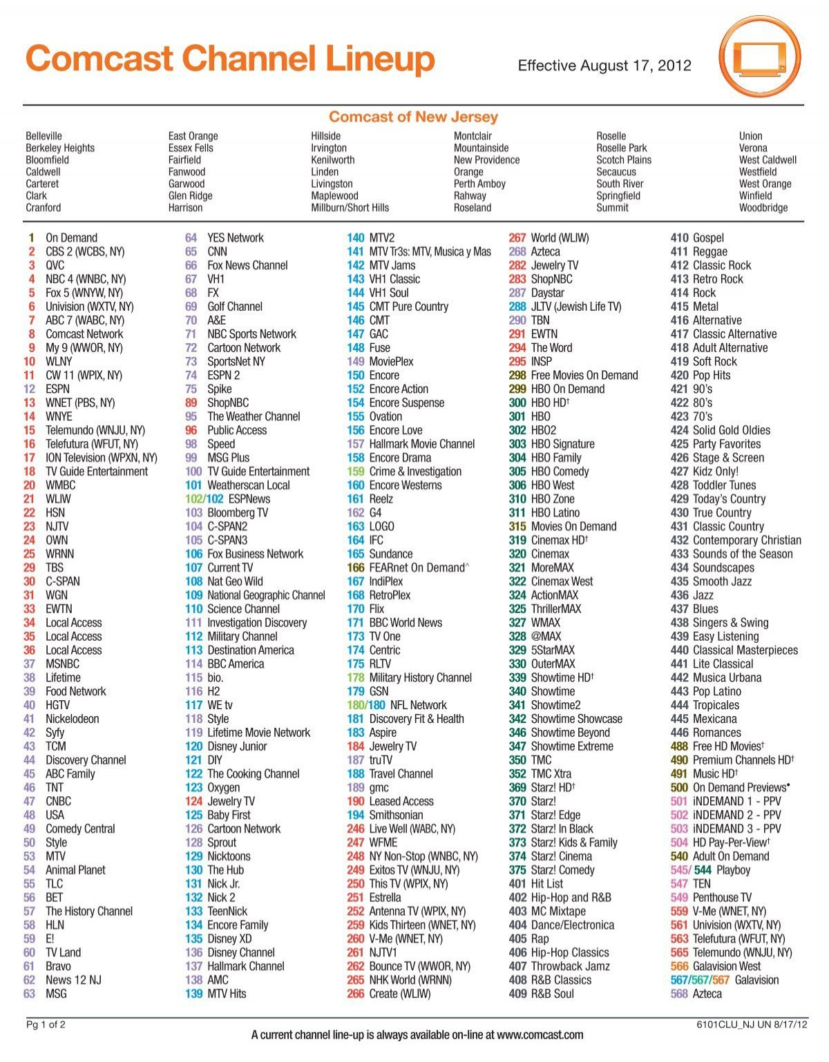 Comcast Channel Lineup in Printable Comcast Xfinity Channel Guide