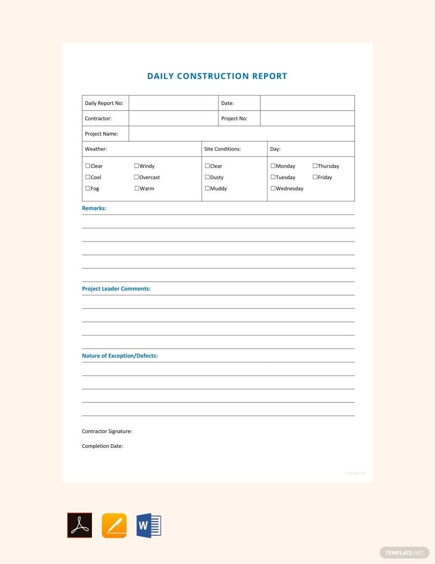 Daily Construction Report Sample Template In Pages, Pdf, Word within Printable Construction Daily Report