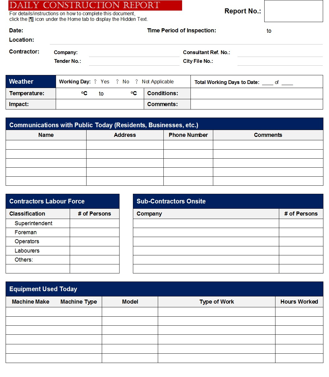 Daily Construction Report Templates - Free Report Templates with Printable Construction Daily Report