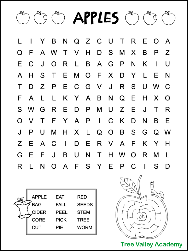 Easy Apple Word Search For Kids - Tree Valley Academy for 2nd Grade Word Search Printable Free