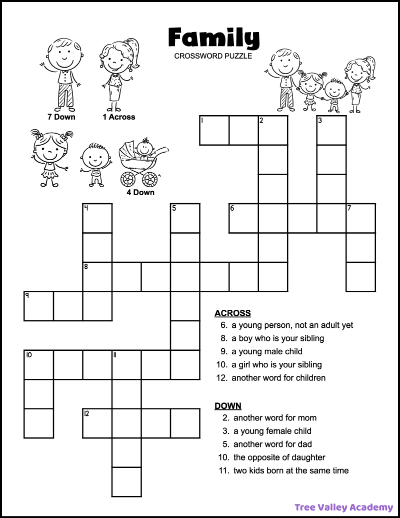 Easy Family Crossword Puzzle - Tree Valley Academy throughout Easy Crossword Puzzles Printable Free