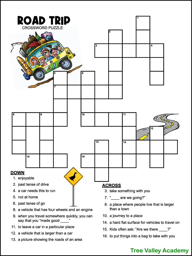 Easy Road Trip Crossword Puzzle For Kids - Tree Valley Academy within Printable Easy Crossword Puzzles with Answers