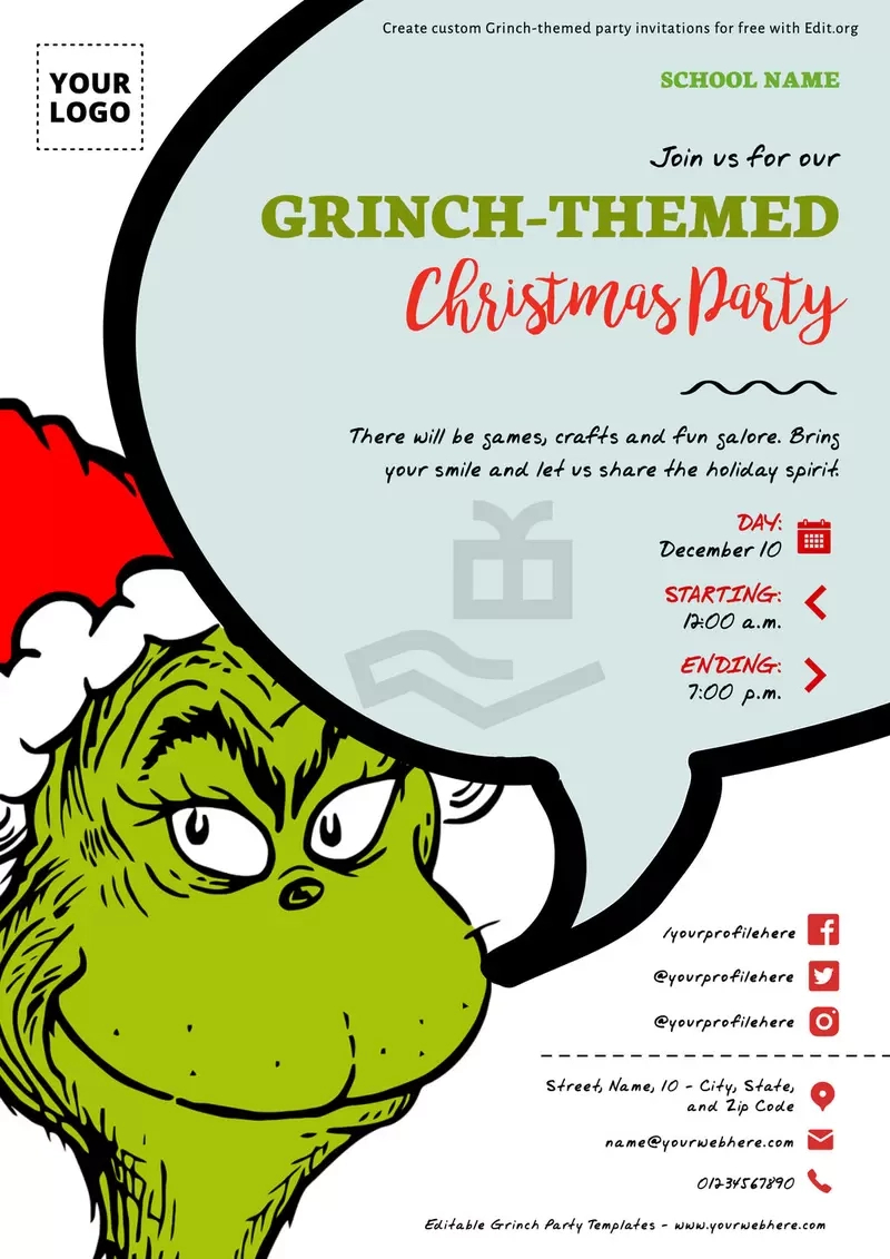 Editable Grinch Party Invitation Templates regarding Free Printable Grinch Invitation Template