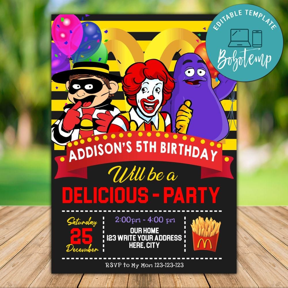 Editable Ronald Mcdonalds Birthday Invitation Instant Download with Printable Mcdonalds Party Invitation Template