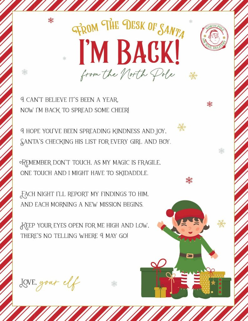 Elf On The Shelf Arrival And Goodbye Letters, Free Printable Set in Printable Elf on the Shelf Im Back Letter