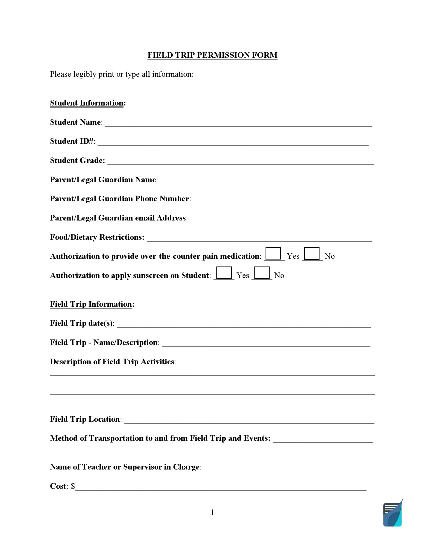 Field Trip Permission Slip Form (Fillable And Printable Template) within Printable Field Trip Permission Slip Template
