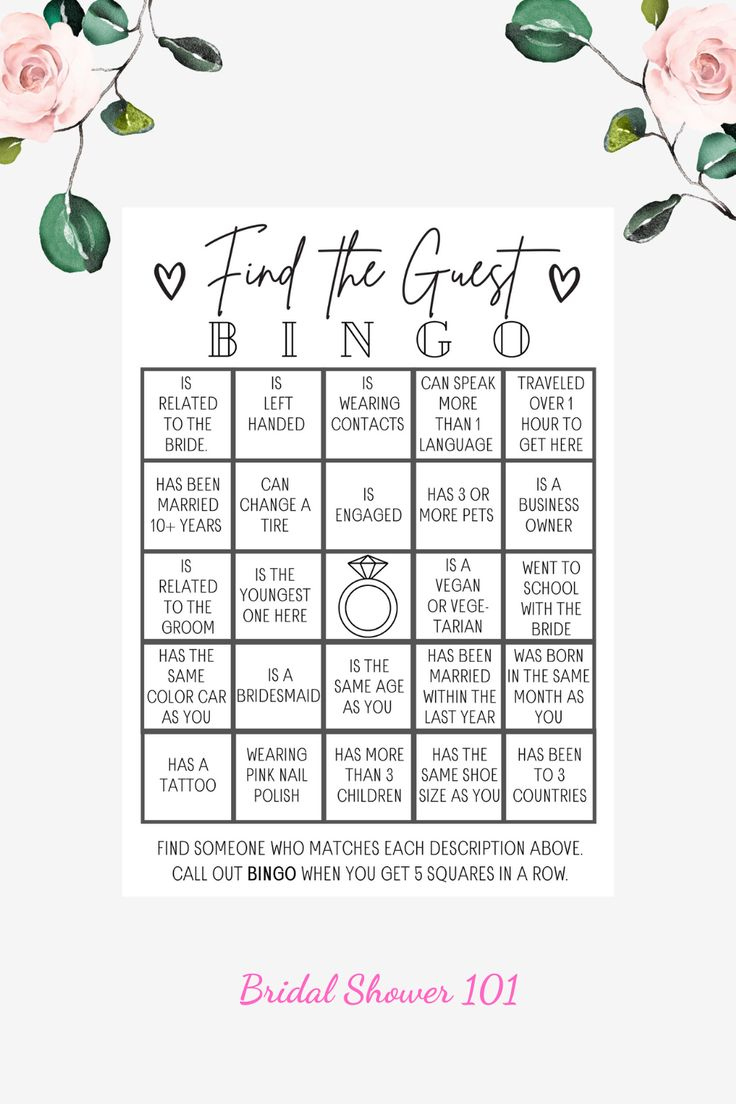Find The Guest Bingo | Bridal Shower 101 with Bridal Shower Bingo Game Free Printables