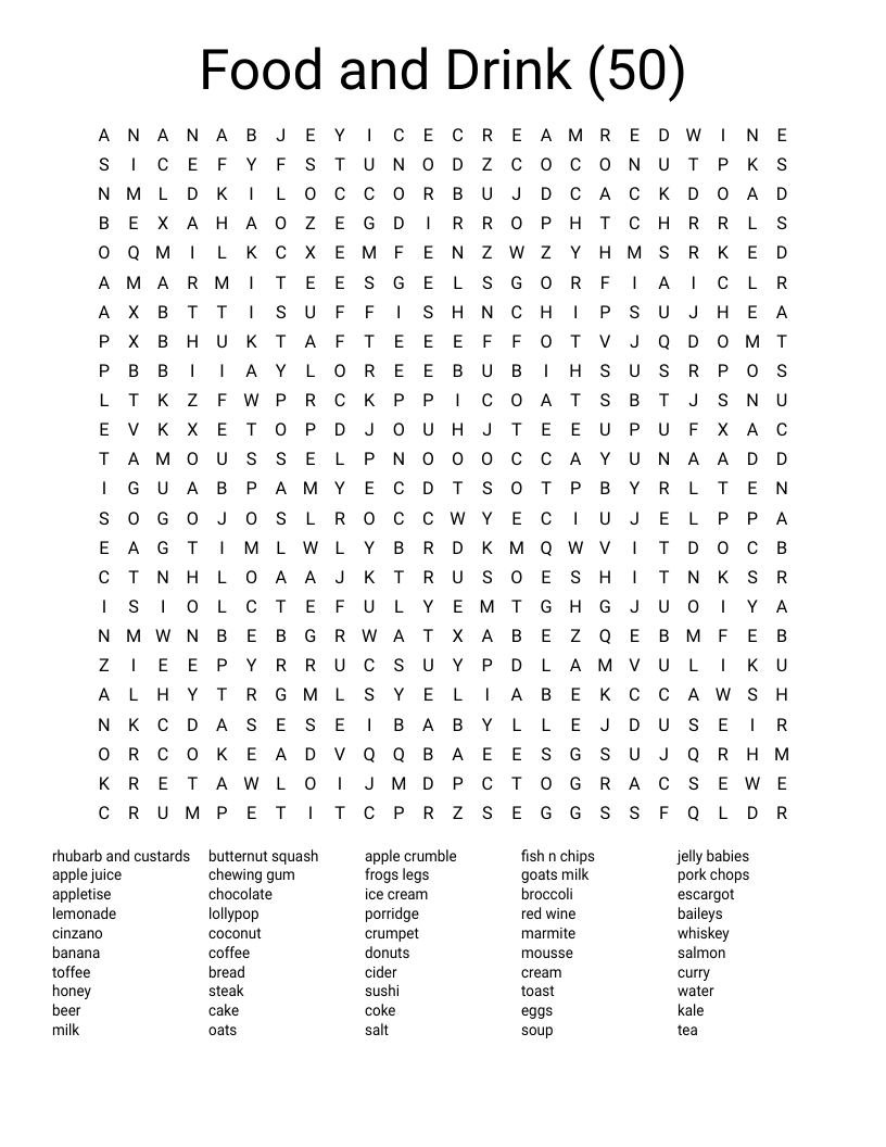 Food And Drink (50) Word Search - Wordmint for Word Searches For Adults Printable