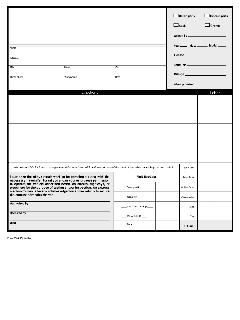 Forms Online 3004 - Fill Online, Printable, Fillable, Blank inside Free Printable Auto Repair Forms