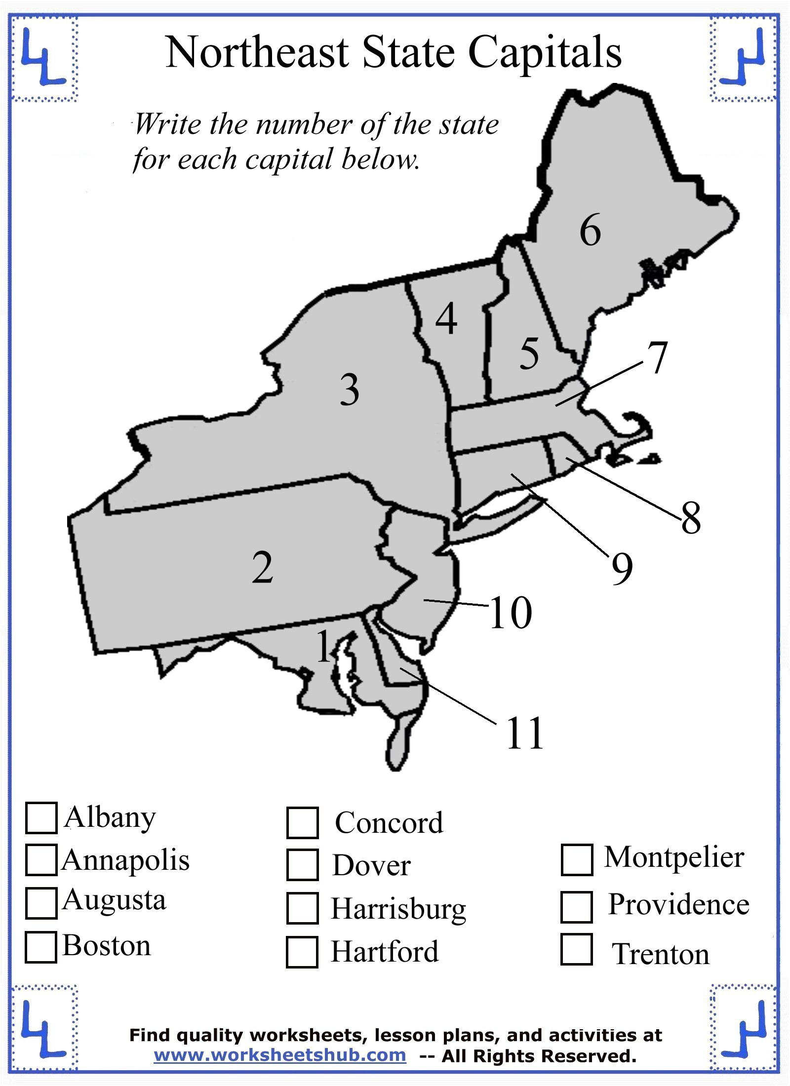 Fourth Grade Social Studies - Northeast Region States And Capitals for Printable Map of the Northeast States