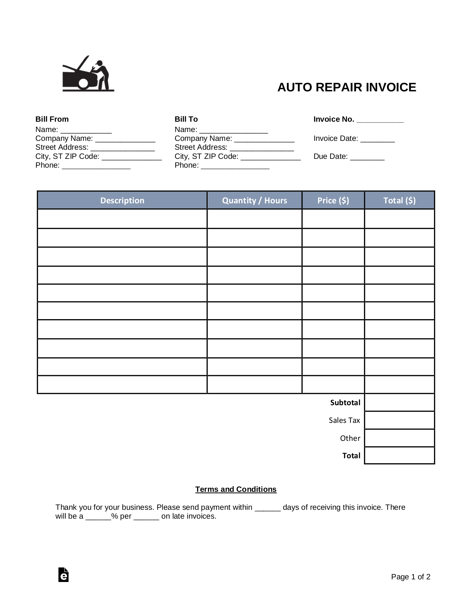 Free Auto Body (Mechanic) Invoice Template - Pdf | Word – Eforms intended for Free Printable Auto Repair Forms
