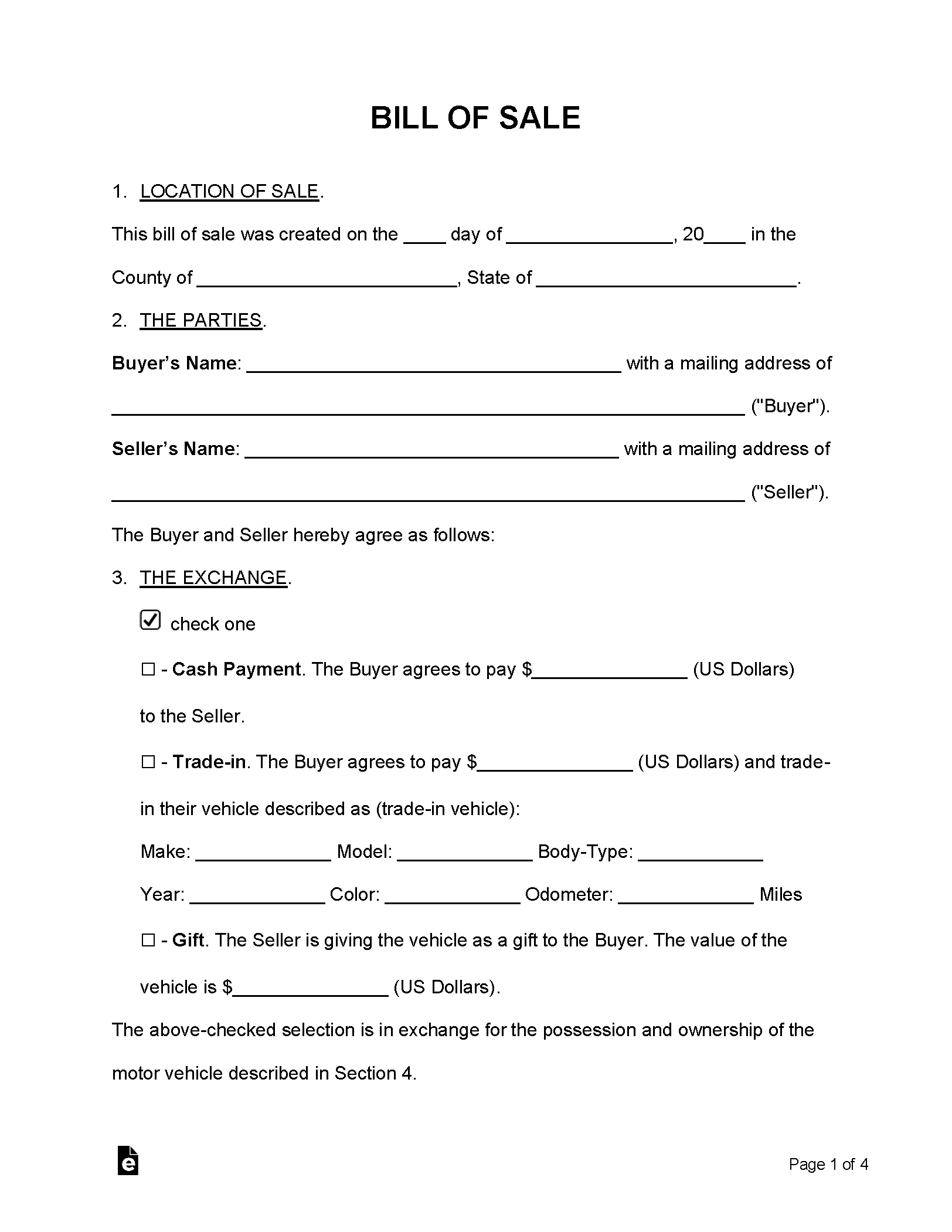 Free Bill Of Sale Forms (24) - Pdf | Word – Eforms intended for Printable Bill of Sale Car