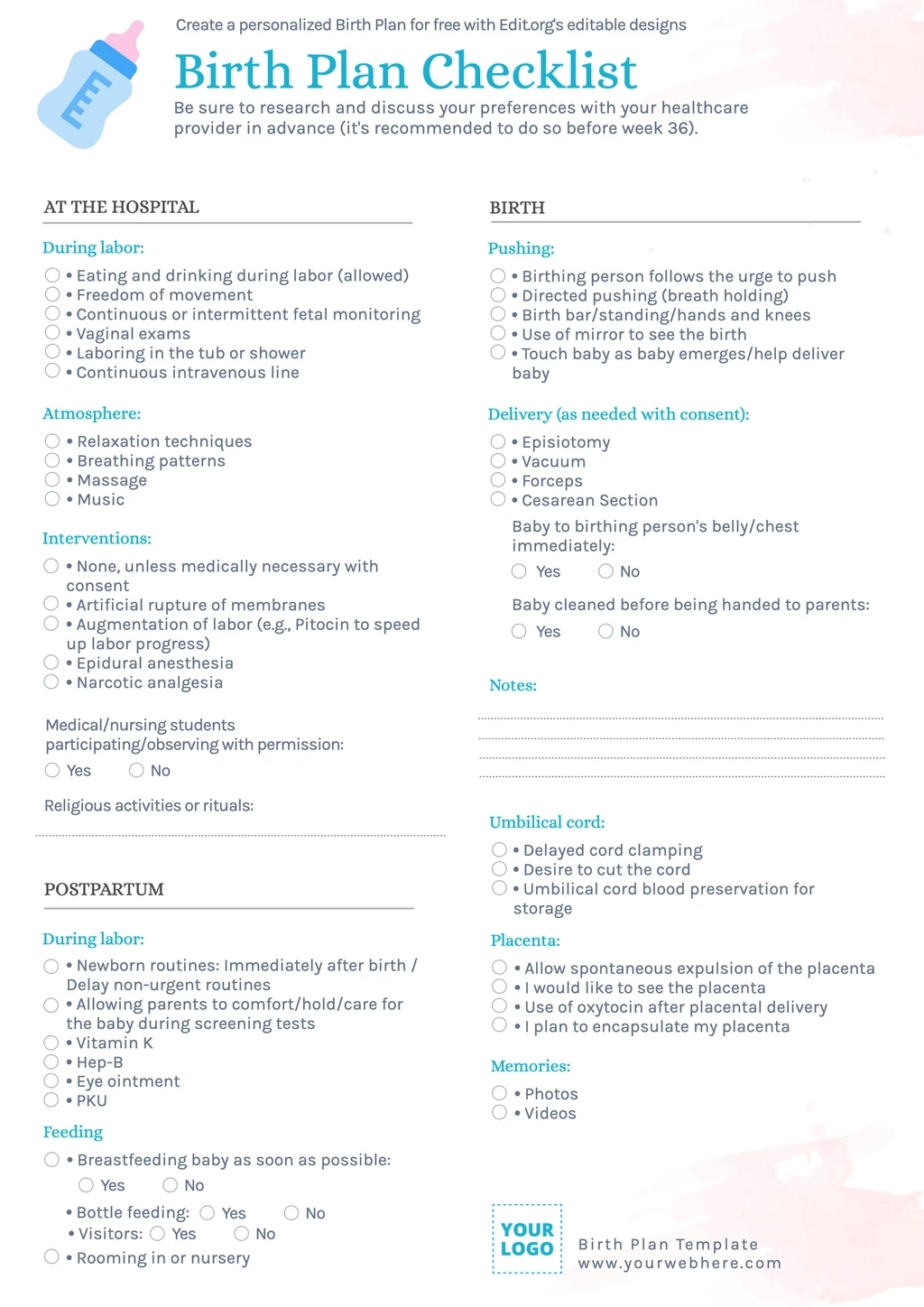 Free Birth Plan Templates for Birth Plan Template Free Printable