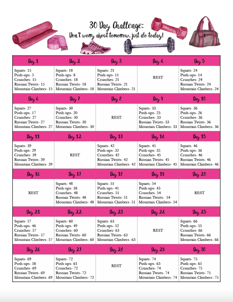 Free Exercise Printable 30-Day Challenge: Easy, Medium, & Hard Levels! within 30 Day Exercise Challenge Printable