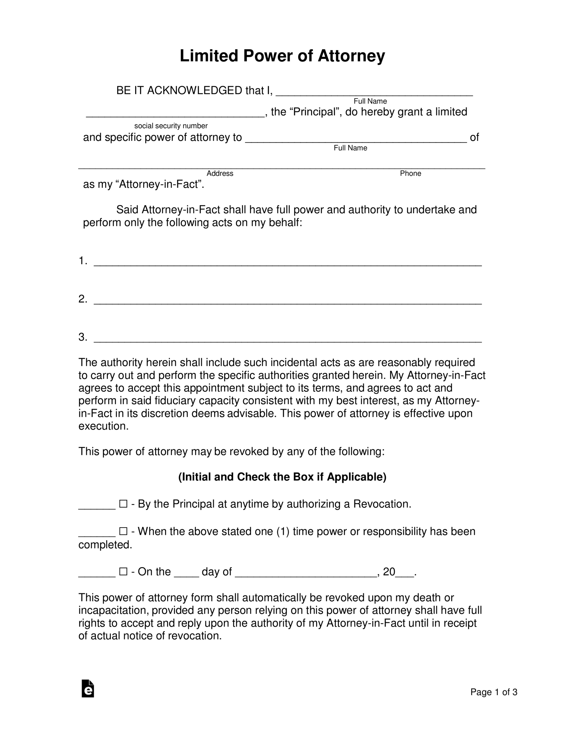 Free Limited (Special) Power Of Attorney Form - Pdf | Word – Eforms intended for Printable Power of Attorney Forms