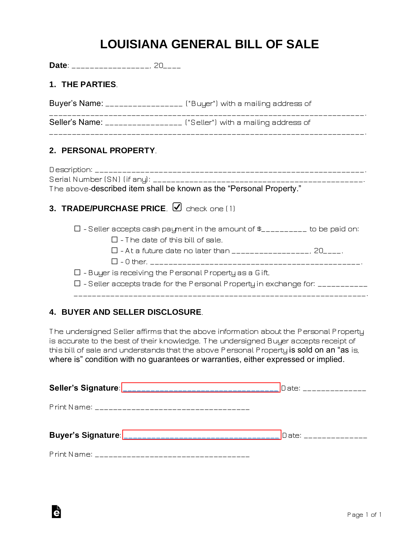 Free Louisiana General Bill Of Sale Form - Pdf | Word – Eforms for Printable Bill of Sale Louisiana