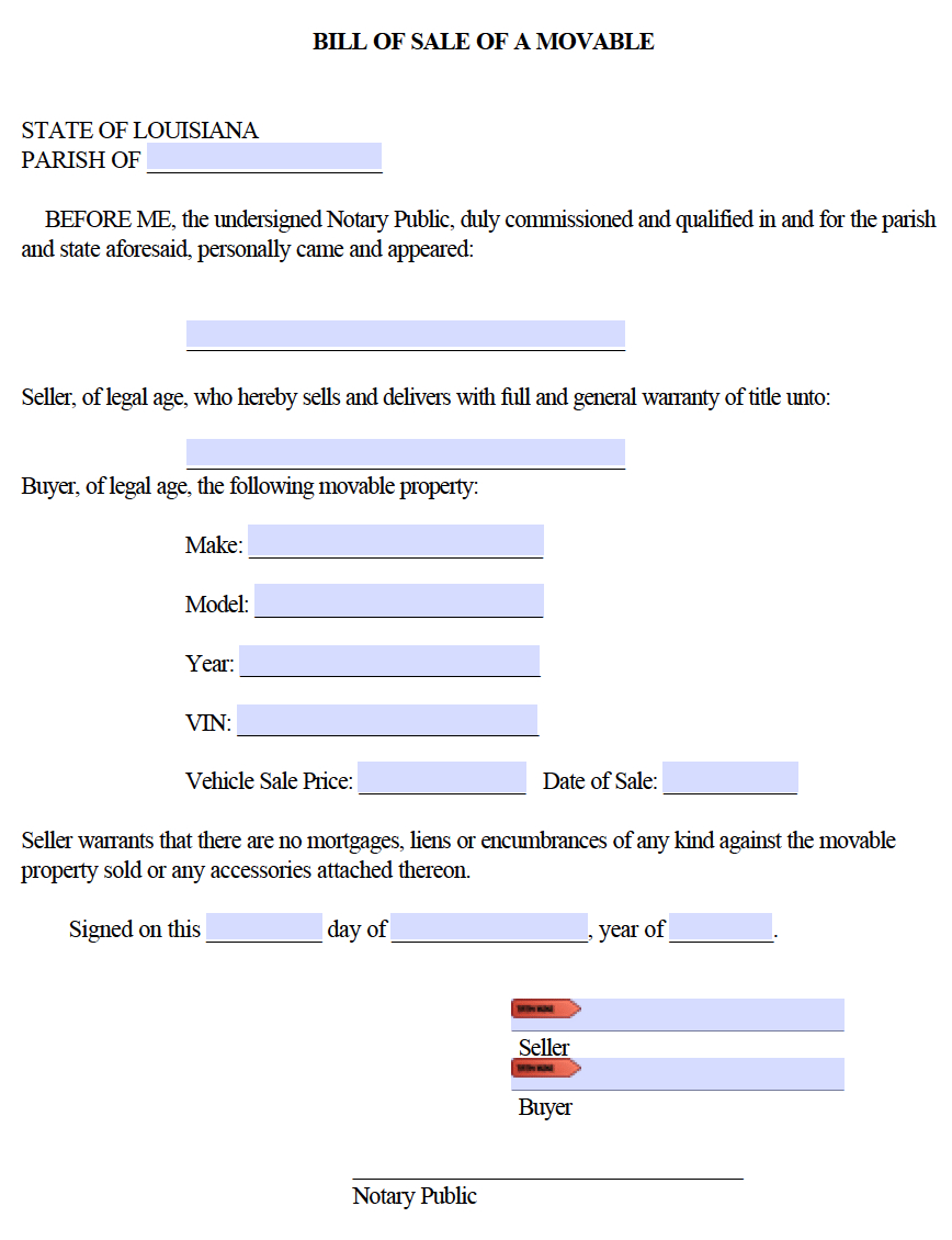 Free Louisiana Motor Vehicle (Dmv) Bill Of Sale Form | Pdf within Printable Bill Of Sale Louisiana