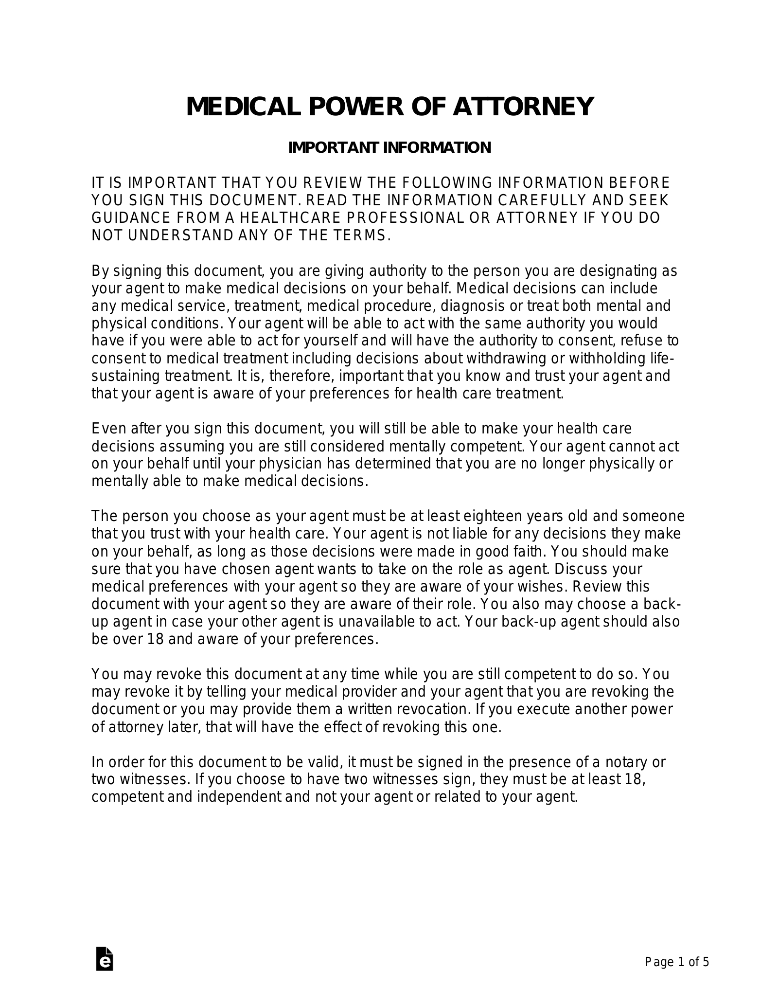 Free Medical Power Of Attorney (Mpoa) Form - Pdf | Word – Eforms pertaining to Free Printable Medical Power Of Attorney