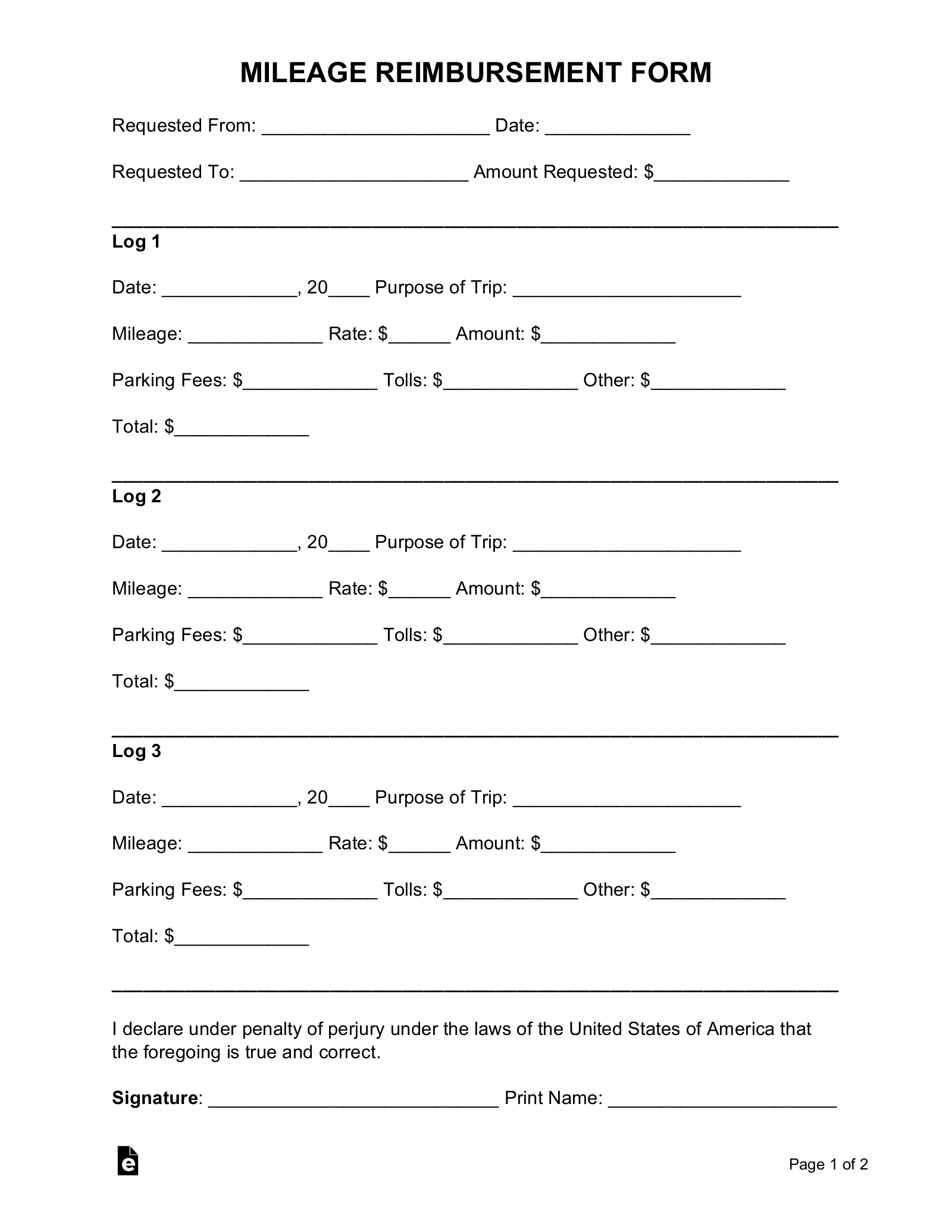 Free Mileage Reimbursement Form | 2024 Irs Rates - Pdf | Word – Eforms inside Printable Mileage Reimbursement Form