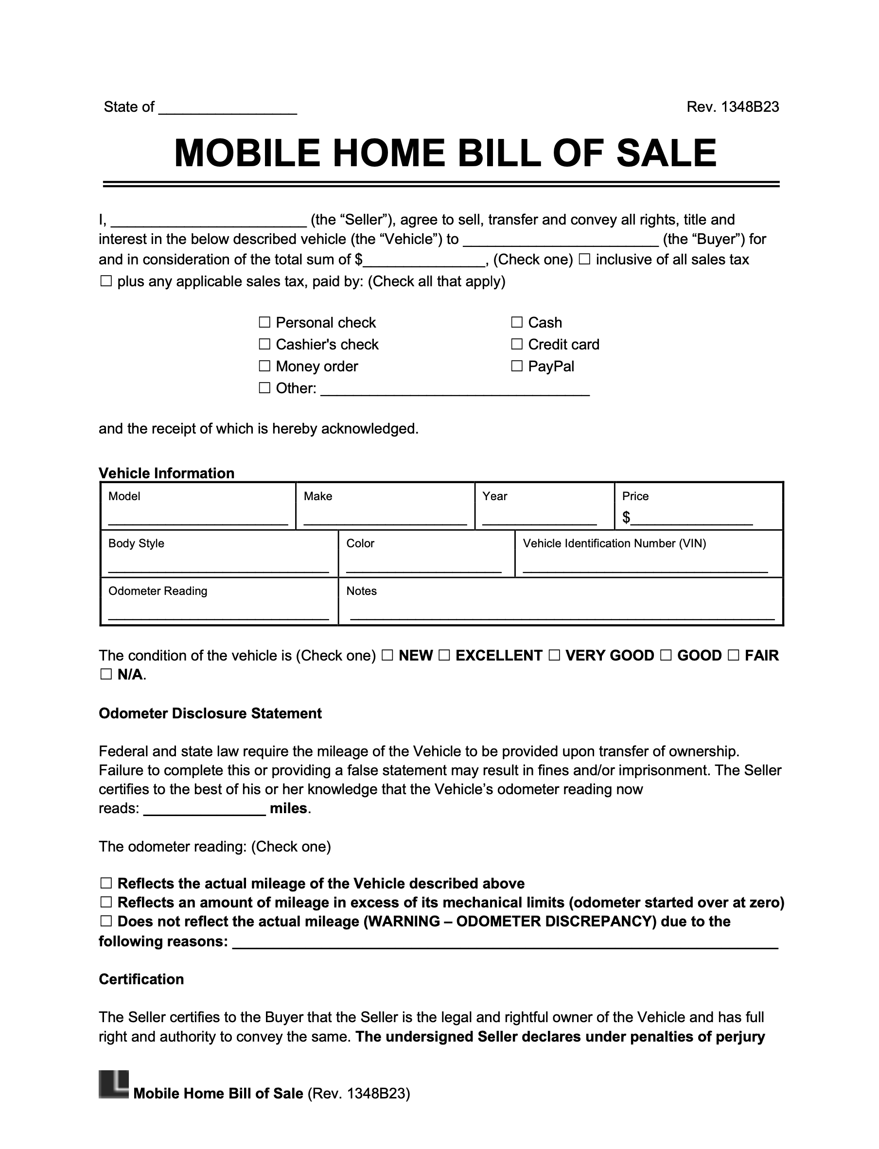 Free Mobile Home Bill Of Sale Form | Pdf & Word in Free Printable Bill Of Sale For Mobile Home