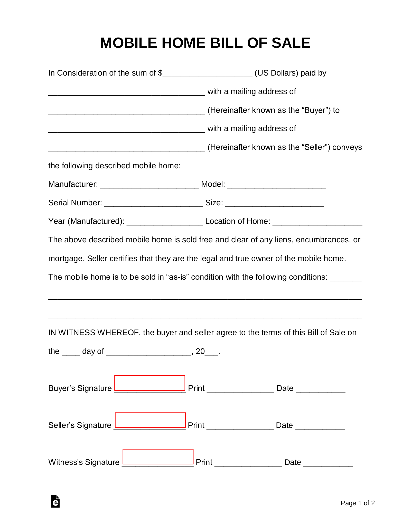 Free Mobile (Manufactured) Home Bill Of Sale Form - Pdf | Word for Free Printable Bill Of Sale For Mobile Home