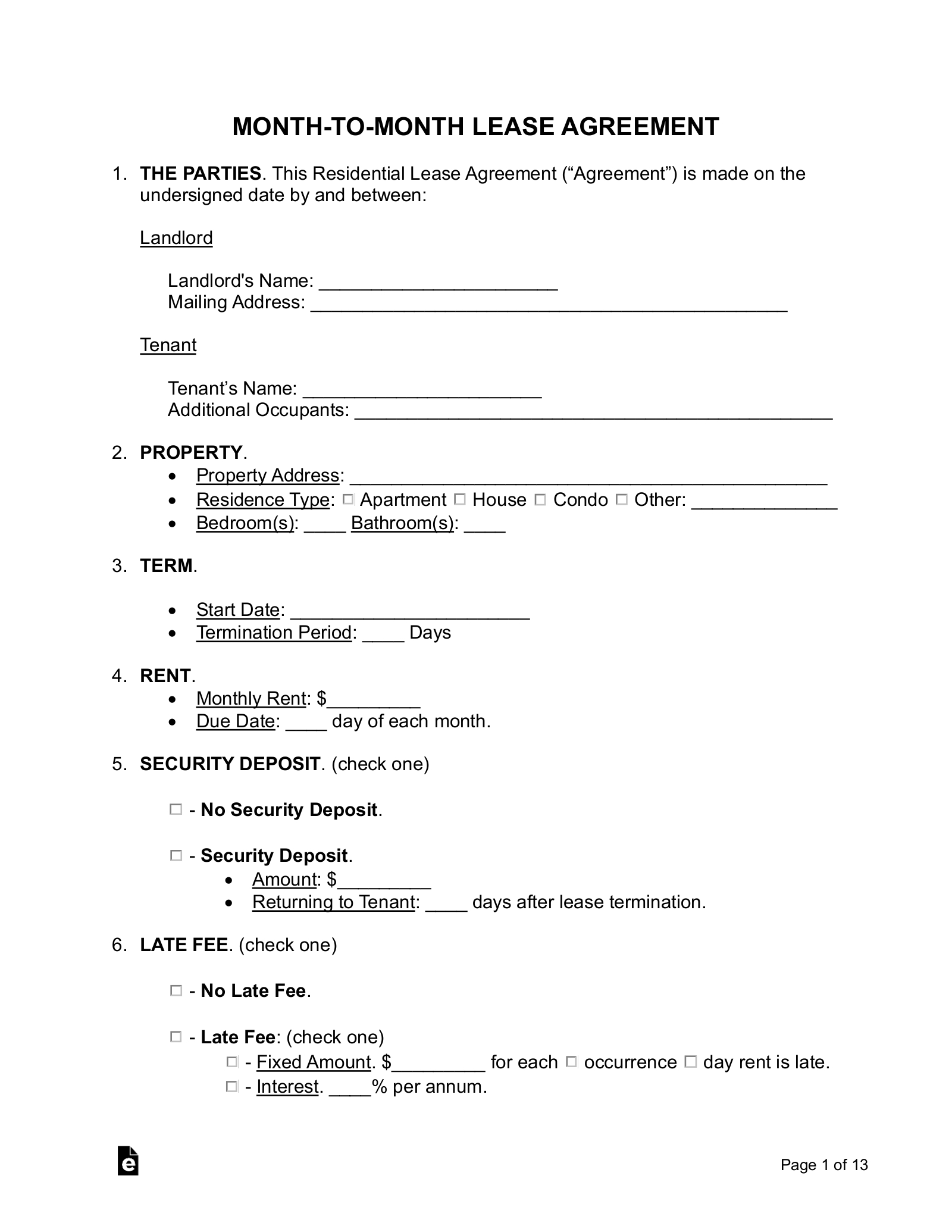 Free Month-To-Month Lease Agreement Template - Pdf | Word – Eforms in Printable Simple Lease Agreement Template