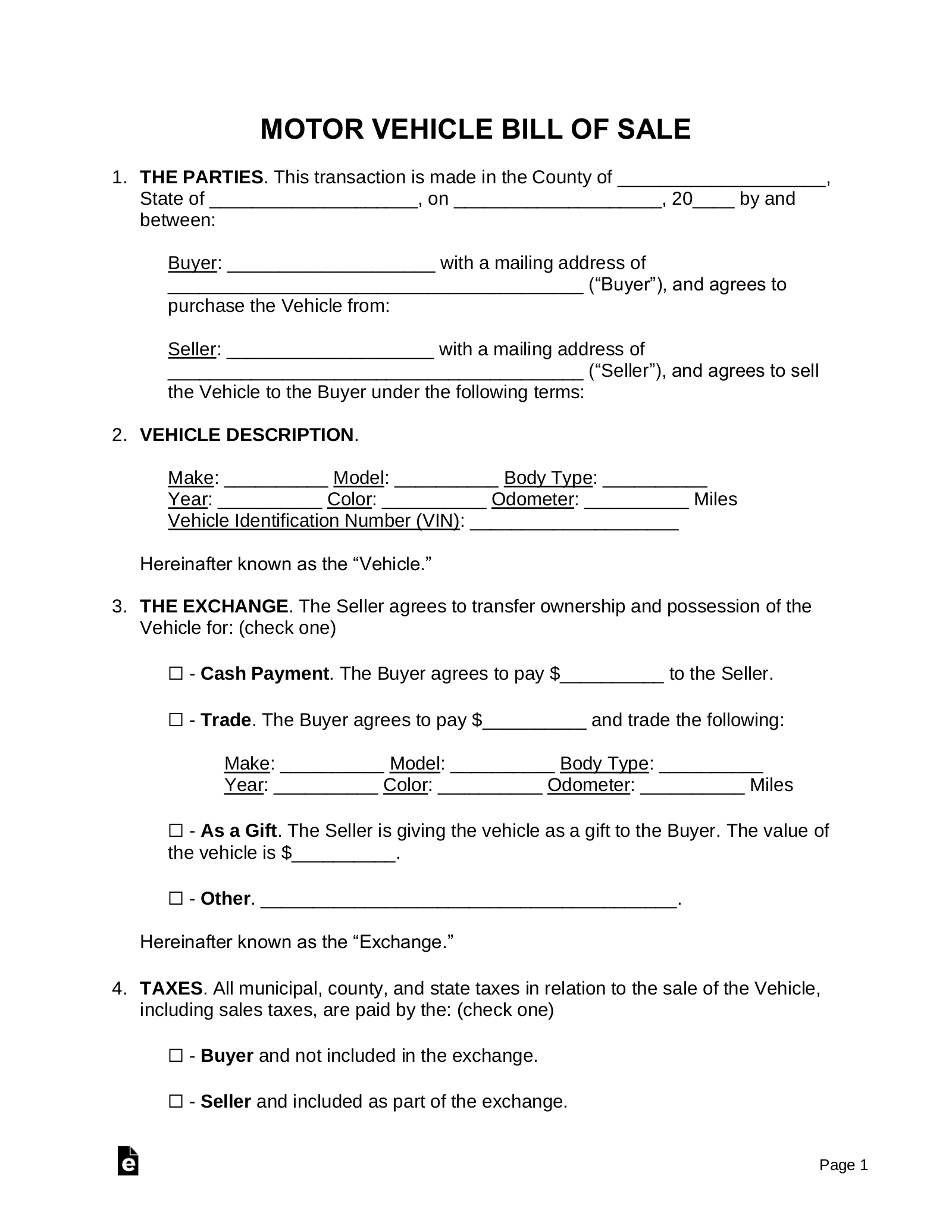 Free Motor Vehicle (Dmv) Bill Of Sale Form - Pdf | Word – Eforms for Printable Bill of Sale Car