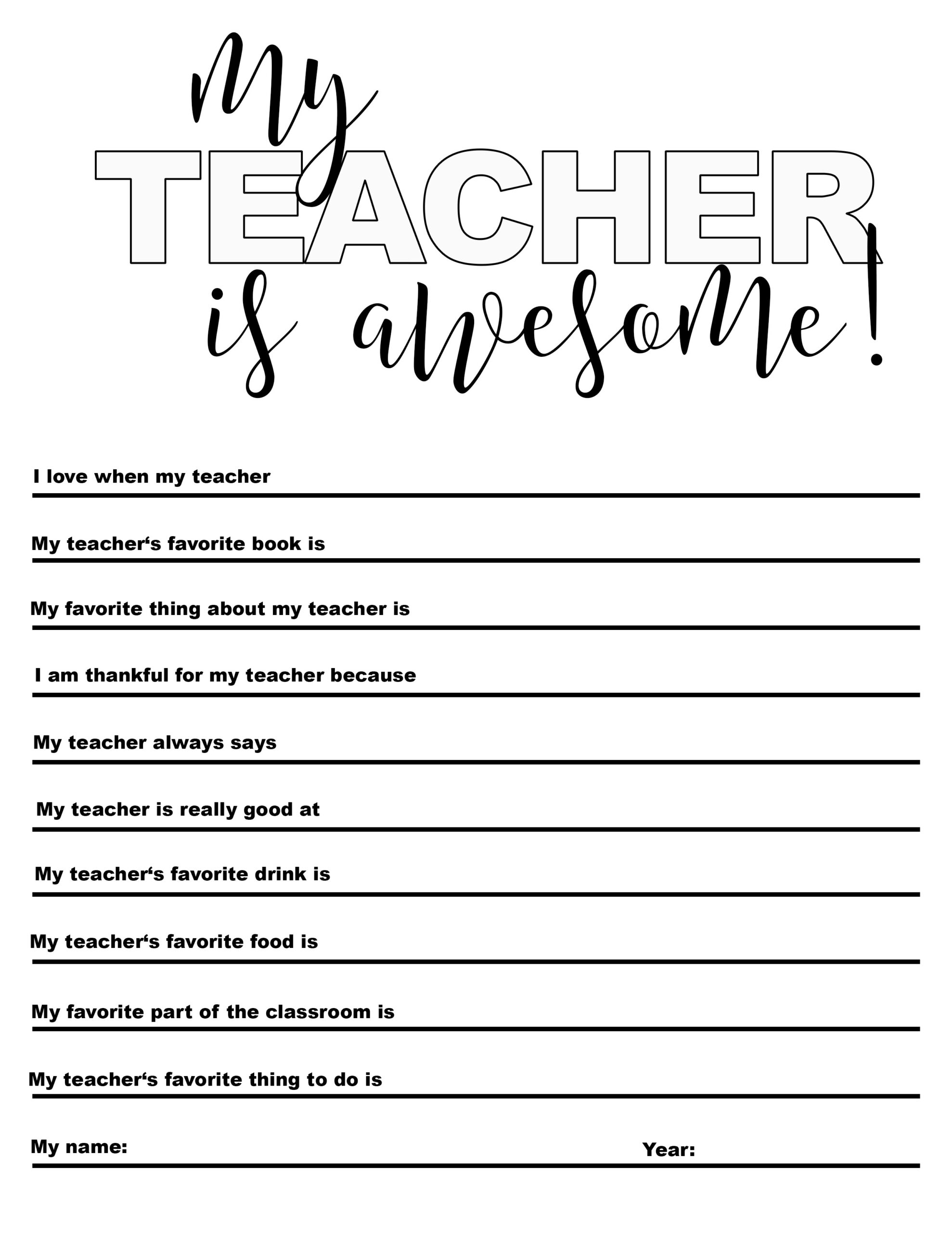 Free "My Teacher Is Awesome" Printable - Heather'S Dish inside All About My Teacher Free Printable Free Download