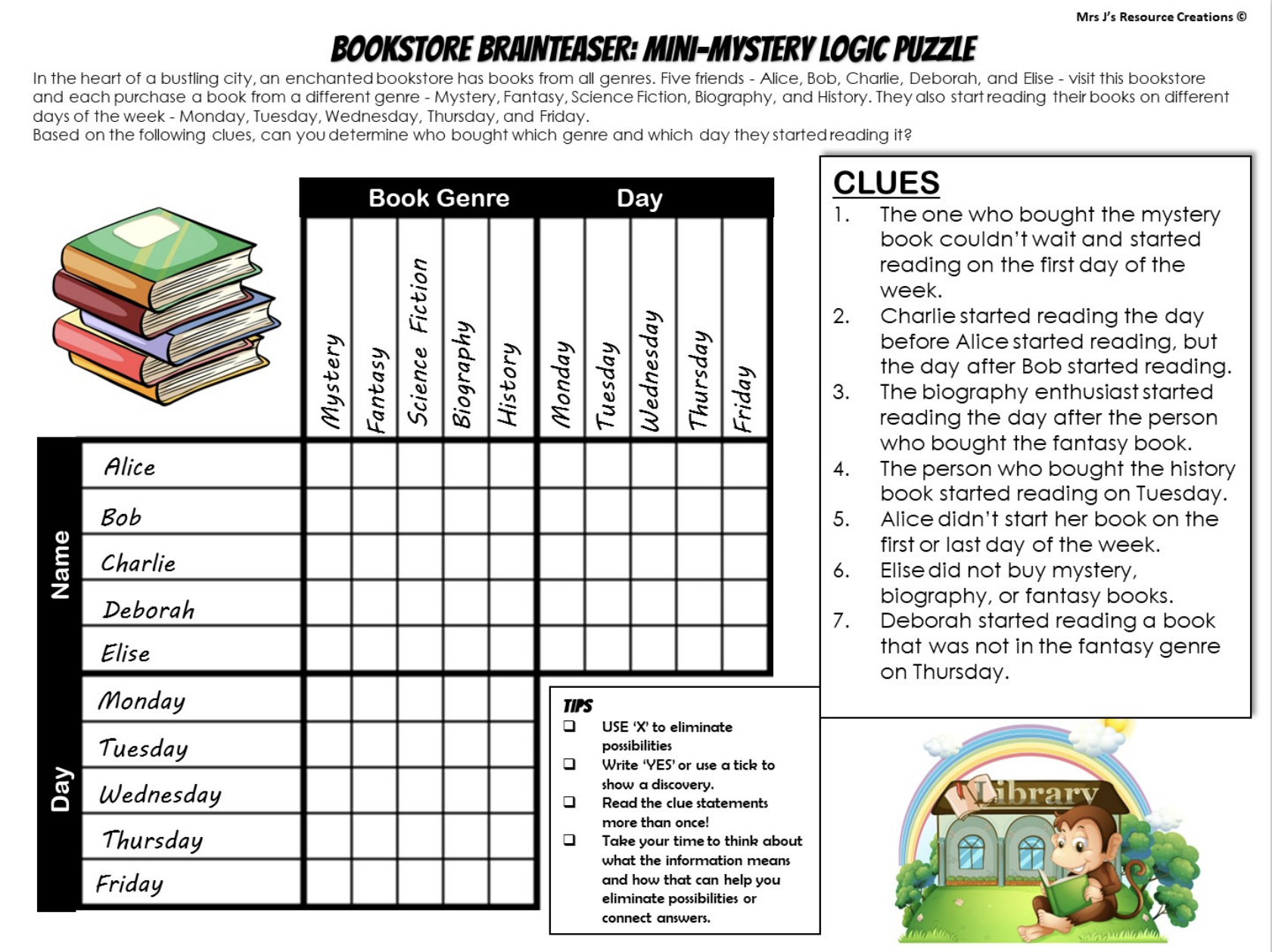 Free Mystery Logic Puzzle For Book Week - Top-Rated Teaching regarding Printable Logic Puzzles With Grids