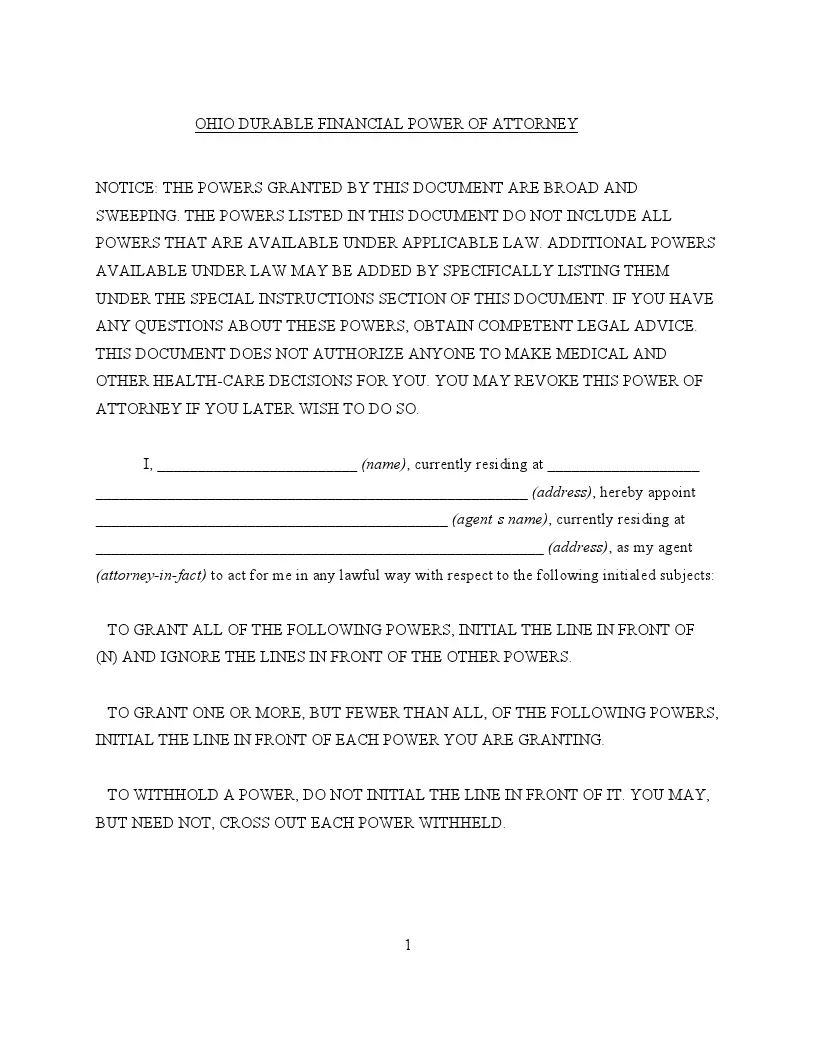 Free Ohio Durable Power Of Attorney Form For Finances | Formspal inside Free Printable Durable Power of Attorney Form Ohio