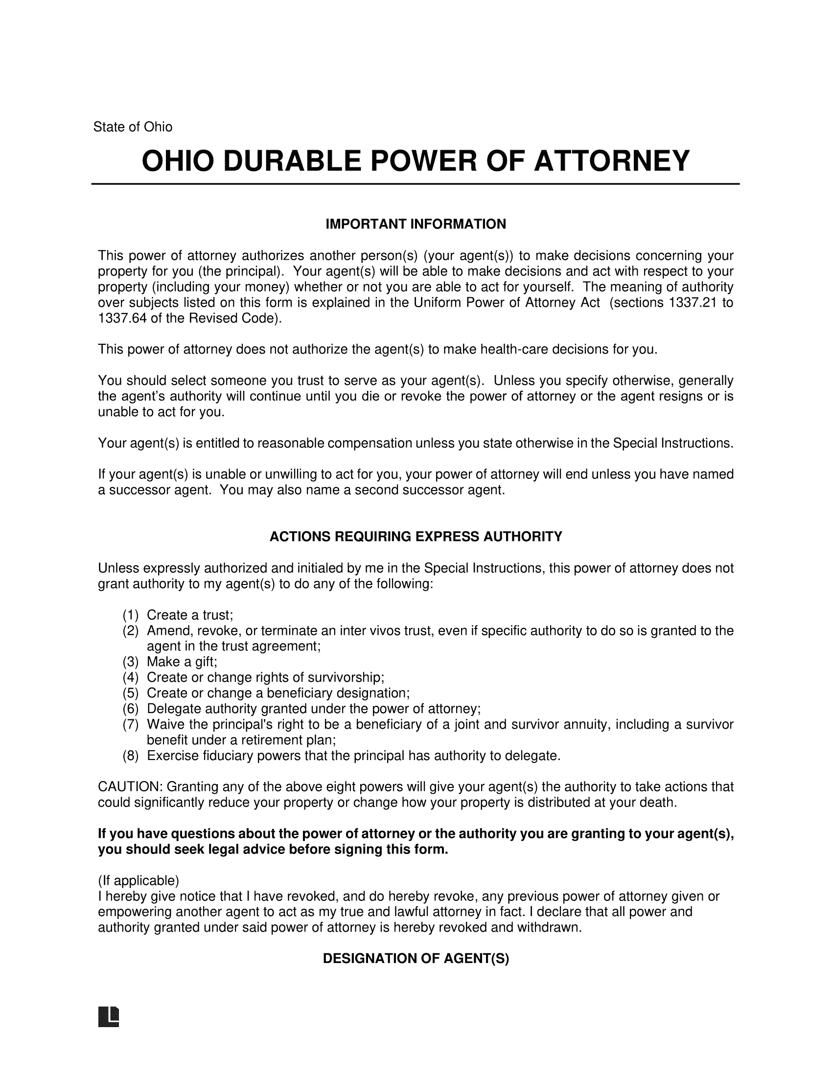 Free Ohio Durable (Statutory) Power Of Attorney Form | Pdf & Word within Free Printable Durable Power Of Attorney Form Ohio