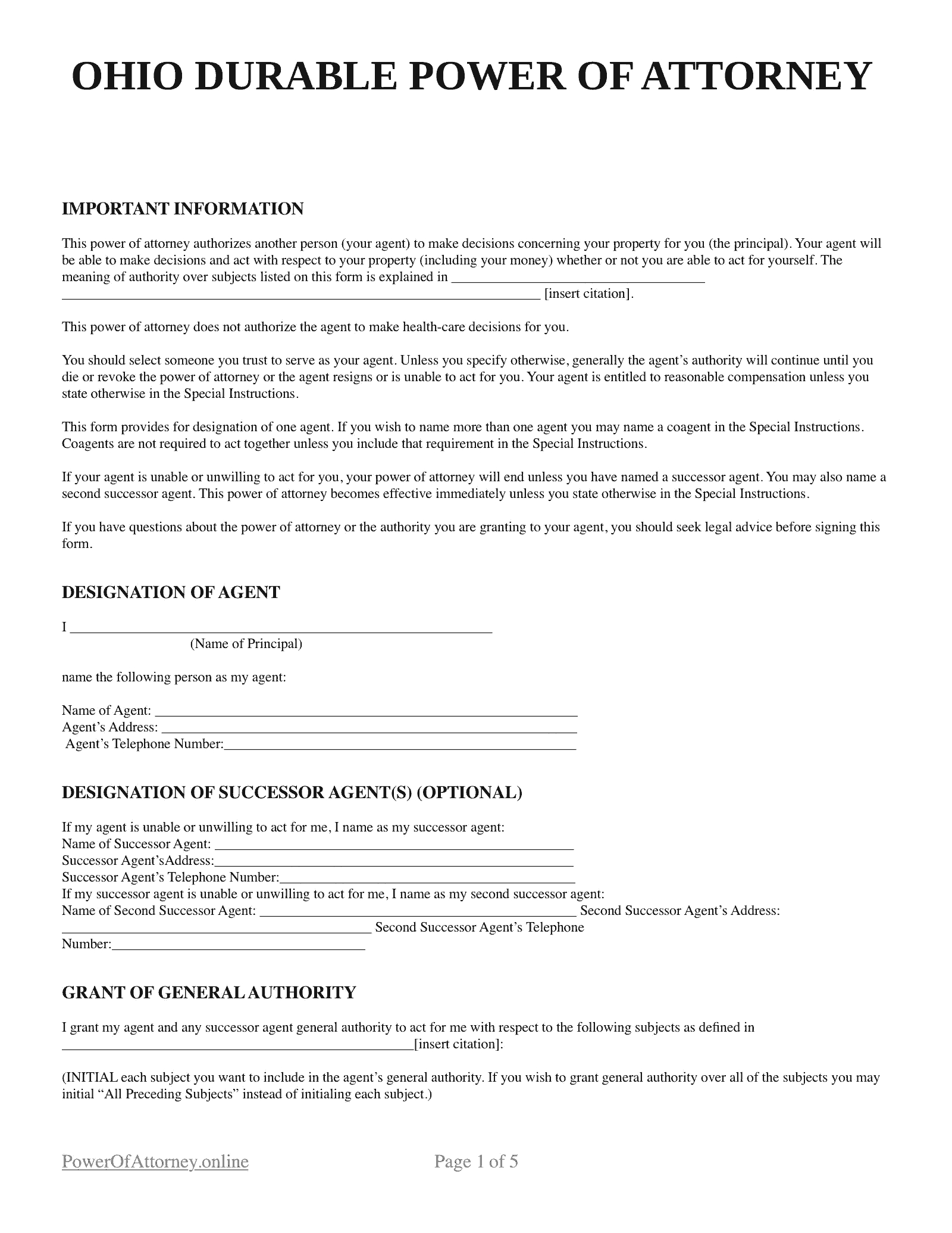 Free Ohio (Oh) Power Of Attorney Forms & Templates | Pdf for Free Printable Durable Power of Attorney Form Ohio