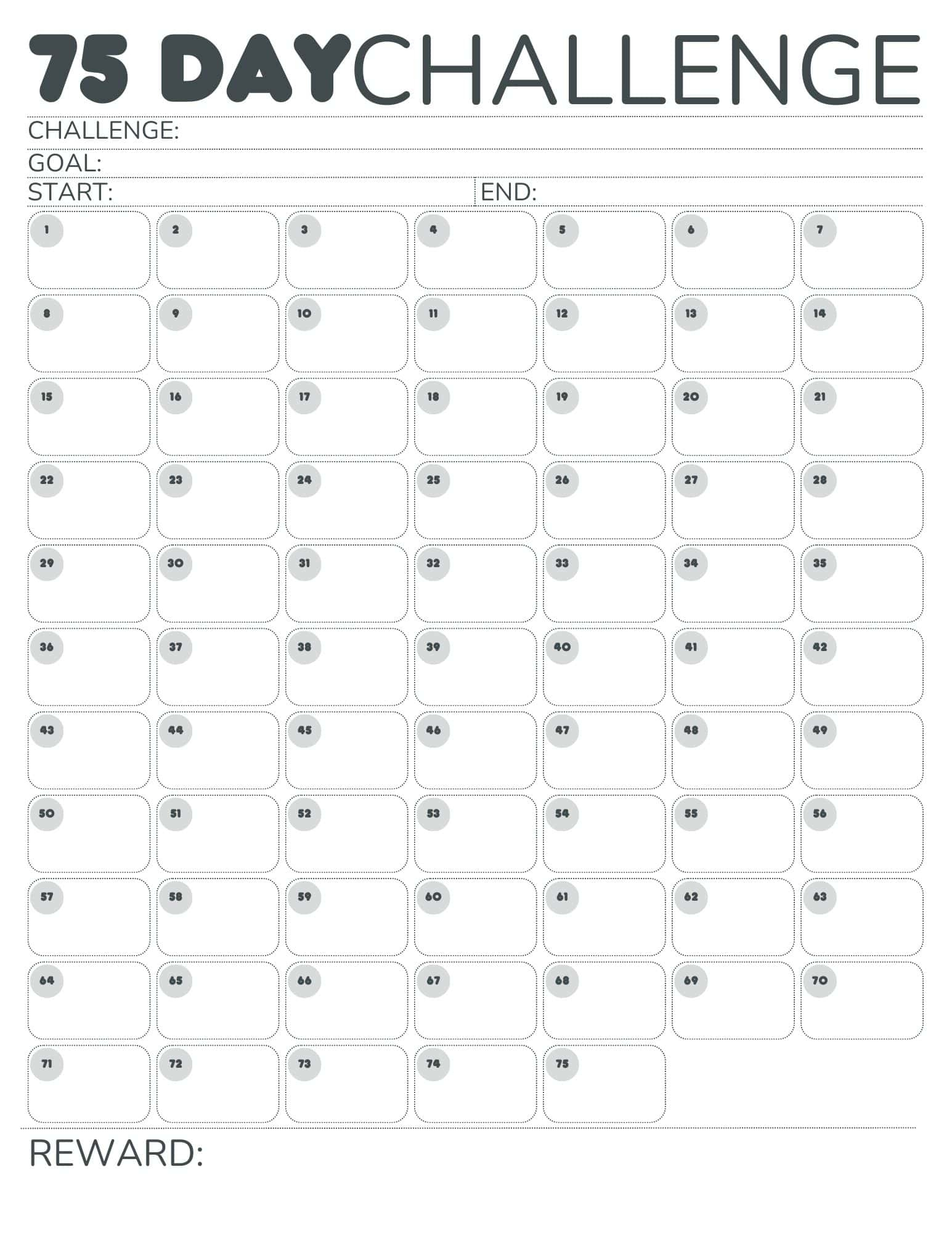 Free Printable 75-Day Challenge Calendar For 75 Hard, 75 Medium in 75 Hard Challenge Checklist Printable