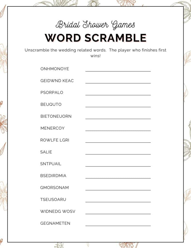 Free Printable Bridal Shower Word Scramble Game with regard to Bridal Shower Word Scramble Free Printable