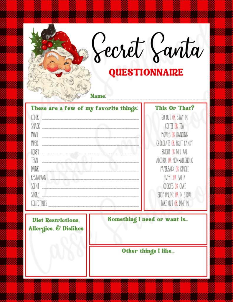 Free Printable Secret Santa Questionnaire Templates - Cassie Smallwood inside Printable Secret Santa Questions